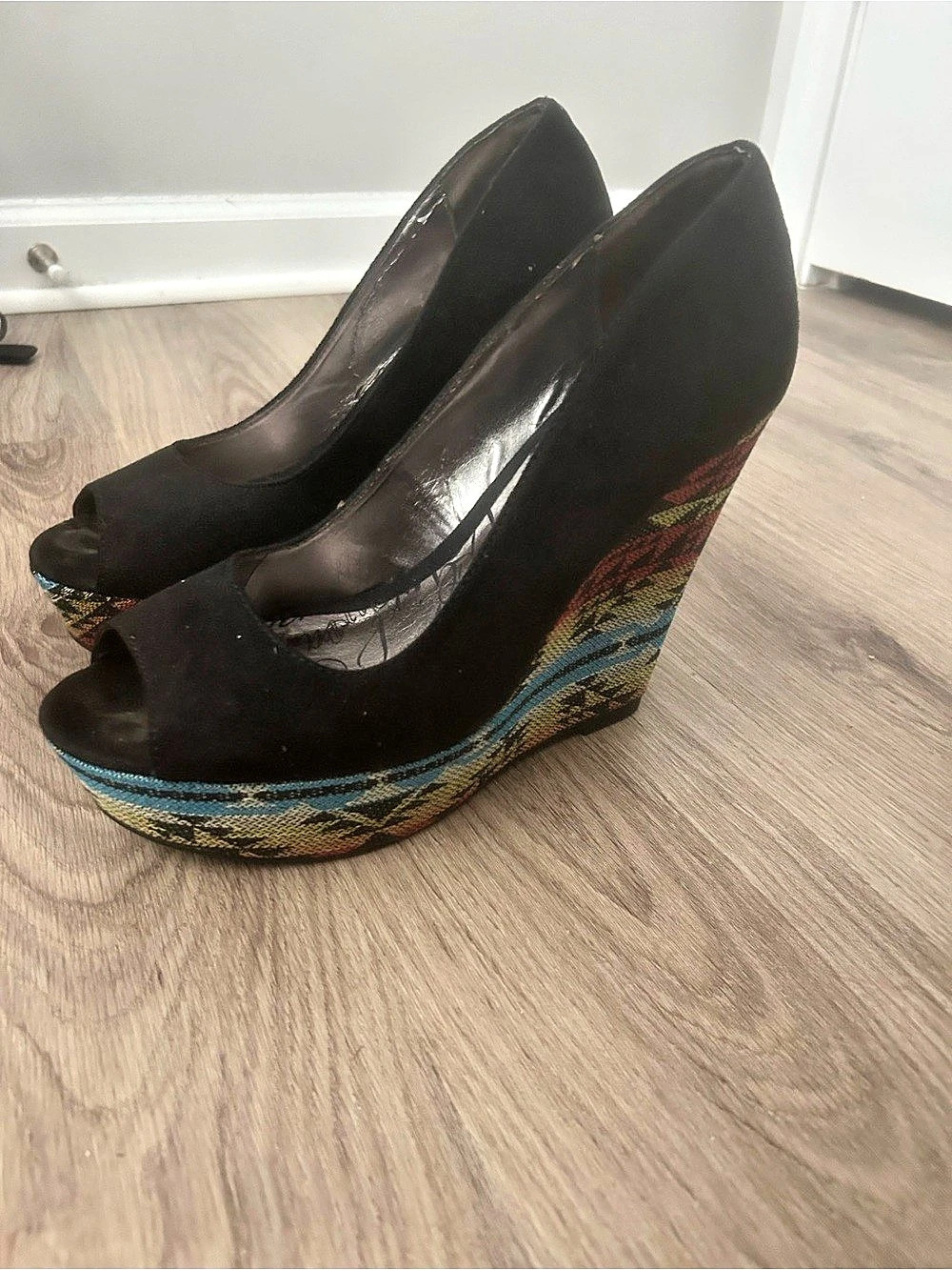 Material Girl Black & Multicolor Geometric Wedge Heels